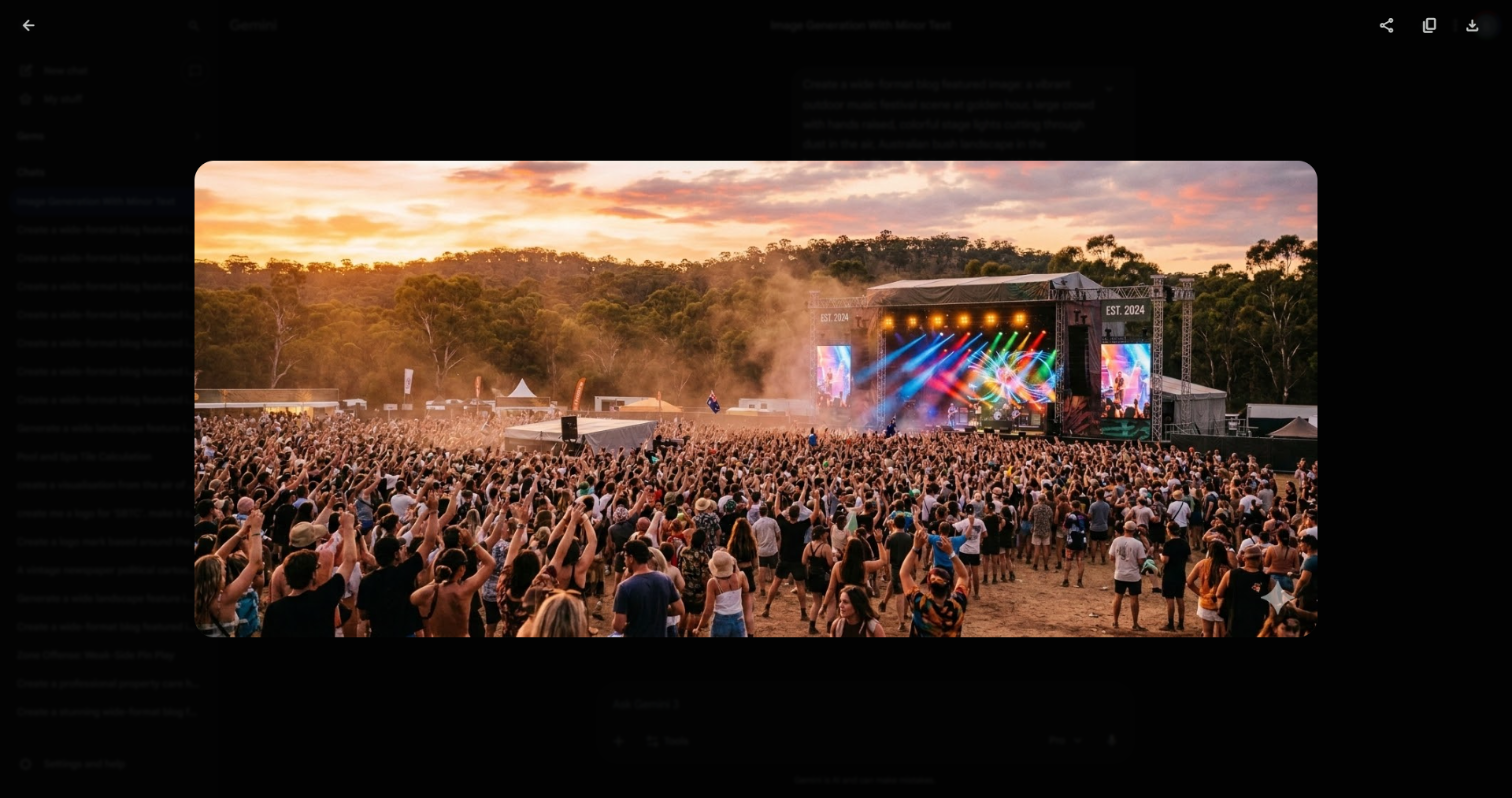 Outdoor music festival crowd at golden hour with colorful stage lights and Australian bush backdrop